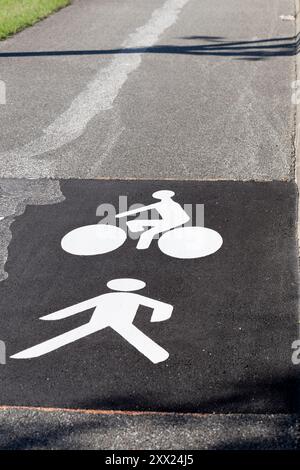 Piste cyclable et panneau piétonnier sur la route, pour partager le chemin. Peinture de vélo et de piéton en gros plan sur la route, texture de panneau de transport Banque D'Images