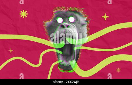 Collage de propagation du virus Mpox, art conceptuel littéral de la variole de singe avec élément géométrique et coup de pinceau toxique vert. Illustration de sensibilisation aux soins de santé Banque D'Images