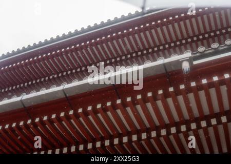 Vue rapprochée d'un toit de temple japonais traditionnel à Tokyo, au Japon, mettant en valeur le savoir-faire artisanal et les gouttières en bois superposées dans une lumière brumeuse. Banque D'Images