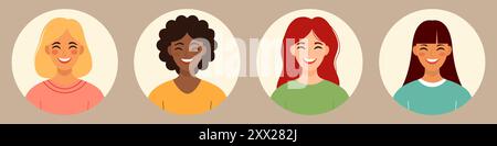 Avatars de caractères définis. Portrait de femmes multiculturelles multiethniques avec différentes coiffures. Les jeunes femmes font face à des portraits en cercles. Vecteur plat illu Illustration de Vecteur