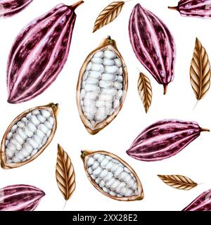 Motif sans couture avec une gousse de cacao ouverte à l'aquarelle, des fruits et des feuilles sèches. Demi-cacao dessiné à la main, beens, illustration réaliste de superaliment biologique Banque D'Images