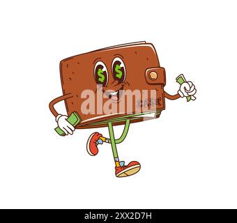 Rétro groovy portefeuille porte-monnaie finance personnage marche avec des dollars. Personnage de trésorerie anthropomorphique de style hippie de vecteur de dessin animé isolé avec de larges yeux de symbole usd, sourire amical joyeux et fermoir à bouton Illustration de Vecteur