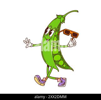 Groovy pois vert rétro caractère. Personnage de pois frais de vecteur de dessin animé isolé avec des yeux expressifs, portant des baskets violettes vintage, tenant des lunettes de soleil et marchant avec un sourire confiant Illustration de Vecteur