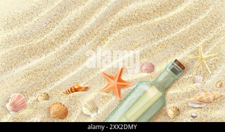 Vue de dessus en bord de mer avec sable de plage, coquillages et bouteille réaliste, fond d'été vectoriel. Plage océanique en bord de mer avec coquillages et étoiles de mer sur les vagues de sable pour la nature tropicale et les vacances d'été Illustration de Vecteur