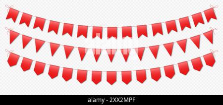 Drapeaux rouges, drapeaux de fête de carnaval, fanions festifs suspendus à une corde. Illustration de Vecteur
