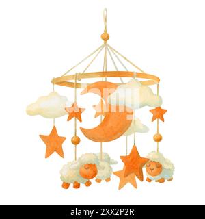 Mobile bébé avec agneau et étoiles. Jouet suspendu pour berceau de nouveau-né. Accessoire pendentif avec nuages et lune à la pépinière. Douche de bébé clipart isolé Banque D'Images