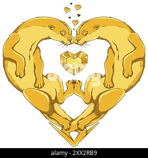 Conception vectorielle de couple de loutres en forme de cœur, symbole de la Saint-Valentin avec des animaux, amour de la nature avec un mammifère marin Illustration de Vecteur