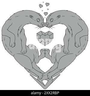 Conception vectorielle de couple de loutres en forme de cœur, symbole de la Saint-Valentin avec des animaux, amour de la nature avec un mammifère marin Illustration de Vecteur