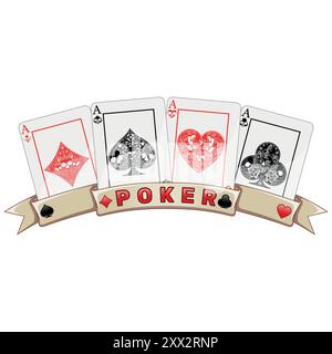 Conception vectorielle de cartes de poker avec des rubans, des symboles de poker de coeur, diamant, trèfle et as avec différents modèles de crâne Illustration de Vecteur