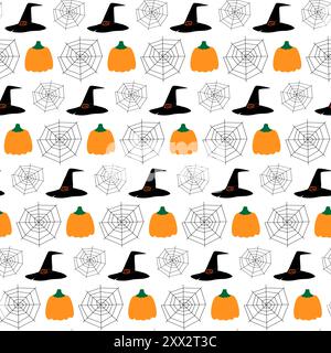 Chapeaux de sorcière, citrouilles et toiles d'araignée sans couture modèle isolé. Texture de fond des salutations d'Halloween. Illustration vectorielle. Emballage, papier peint, emballage ou toile, cartes, affiches, dépliants toile de fond idée Illustration de Vecteur