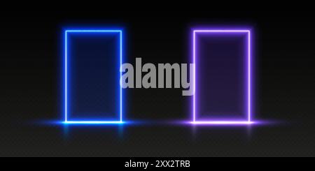 Portes néon, portails lumineux bleus et violets, portails futuristes, cadres LED magiques. Illustration de Vecteur