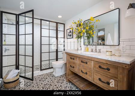 Salle de bains élégante avec carrelage en ciment à motifs et portes de douche en métal noir et en verre Banque D'Images