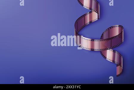 Bannière cinématographique avec rouleau de bande de film et de bande photographique et espace vide pour le texte. Illustration vectorielle 3D réaliste de la photo courbe abstraite et de la vidéo négative 35mm sur fond bleu. Illustration de Vecteur