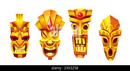 Masque tiki doré avec pierres précieuses roses. Ensemble de vecteur de dessin animé de tête de statue totem rituel tribal traditionnelle avec des visages drôles et scarry. Joyau d'or trésor de la culture antique pour le design hawaïen. Illustration de Vecteur