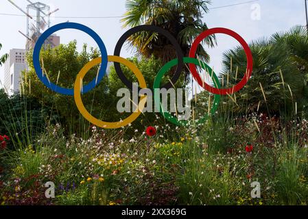 Paris, France 08.20.2024 les anneaux olympiques accrochés entre des fleurs sauvages sur la place d'italie dans le 13ème arrondissement de Paris Banque D'Images