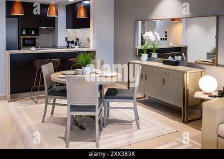Maison intérieure moderne salon et salle à manger. Cuisine élégante et confortable et intérieur de salle à manger. Mobilier moderne avec accessoires, table et chaises dans Banque D'Images