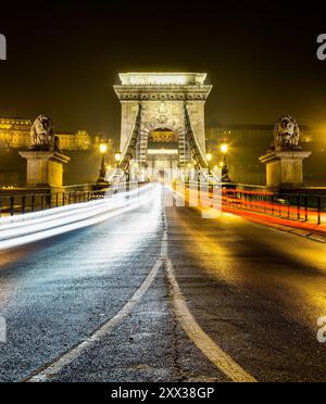 Pont de chaîne la nuit, Budapest, Hongrie Banque D'Images