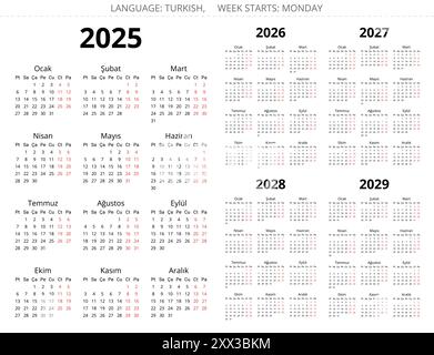 calendriers turcs verticaux 2025, 2026, 2027, 2028, 2029 ans. Ensemble d'illustration vectorielle imprimable pour la Turquie Illustration de Vecteur