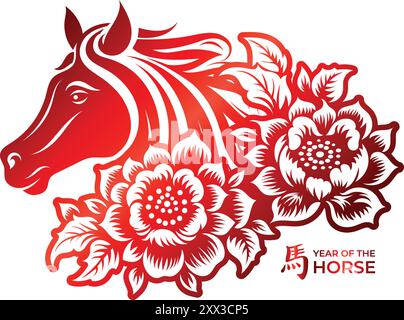 Année du signe ou symbole du zodiaque du cheval. dessiné à la main de cheval et illustration vectorielle florale. Traduction : cheval Illustration de Vecteur