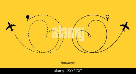 Concept de voyage. Suivi d'aéronefs. Trajectoire du plan de route de deux avions. Illustration vectorielle sur un fond jaune isolé. Le chemin est sous la forme d'un HE Illustration de Vecteur