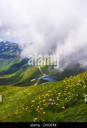 Vue à travers des fleurs sur la route de haute montagne, nuages descendant sur des montagnes majestueuses couvertes de végétation verte, petit lac de montagne. Grossglockn Banque D'Images