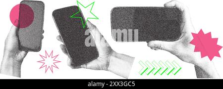 Ensemble de mains photocopieuses avec smartphone et formes géométriques. Éléments vectoriels dans le style pop art. Illustration de Vecteur