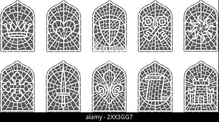 Fenêtres en verre d'église. Cadre d'arc vectoriel gothique avec des symboles médiévaux. Éléments d'architecture vintage. Ensemble de décoration en mosaïque teintée avec couronne, coeur Illustration de Vecteur