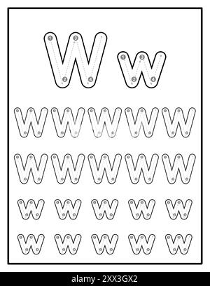 Feuilles de travail de traçage alphabétique pour enfants avec lettres majuscules et minuscules pratiques pages lettre W. Illustration de Vecteur