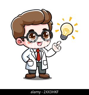 Personnage de dessin animé scientifique mignon avec ampoule Illustration de Vecteur