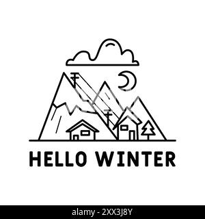 Winter Camping logo design avec montagnes et station de ski. Écusson aventure de Noël en ligne. Label randonnée en montagne. Vecteur brut mono Illustration de Vecteur