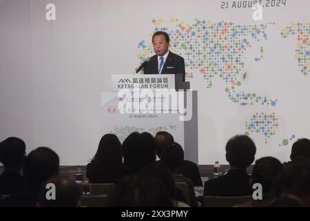 L’ancien premier ministre japonais Yoshihiko Noda prononce un discours sur le forum de dialogue sur la sécurité indo-pacifique à Taipei, le 21 août 2024. Banque D'Images