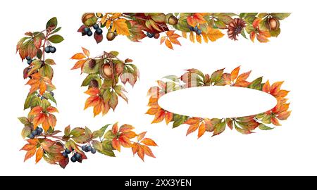 Bordure d'automne et cadre avec feuilles colorées de crampon de Virginie et arrangement de feuillage. Image d'aquarelle dessinée à la main avec des éléments vifs. Idéal Banque D'Images