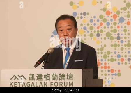 L’ancien premier ministre japonais Yoshihiko Noda prononce un discours sur le forum de dialogue sur la sécurité indo-pacifique à Taipei, le 21 août 2024. Banque D'Images