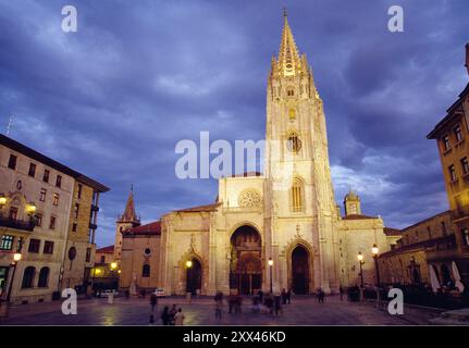 Vue nocturne sur la cathédrale. Oviedo, Asturies, Espagne. Banque D'Images