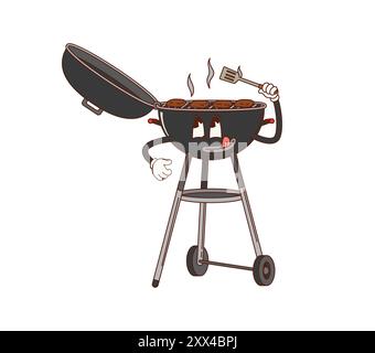 Personnage de barbecue rétro groovy. Personnage isolé de machine de barbecue vintage de vecteur de dessin animé avec le visage drôle et la langue léchant tout en retournant des hamburgers pendant l'événement de pique-nique fantaisiste de cuisson Illustration de Vecteur