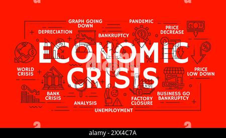 Perte d'argent et crise économique, crash du marché monétaire et ralentissement financier mondial, icônes de ligne vectorielle. Icônes de crise économique de la faillite, baisse des prix avec l'inflation monétaire et la croissance du chômage Illustration de Vecteur