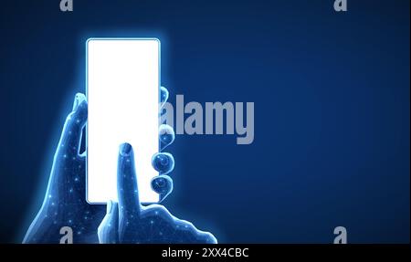 Téléphone portable numérique à main avec écran vierge sur fond bleu. Application smartphone Illustration de Vecteur