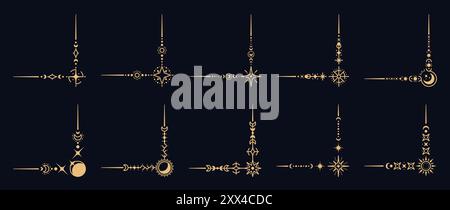 Coins de frontière célestes magiques. Ensemble vectoriel de cadres de style Boho, décoration d'espace élégante avec des embellissements stellaires uniques. Angles dorés décoratifs avec étoiles, lunes, soleils et motifs cosmiques Illustration de Vecteur