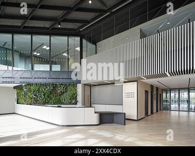 Réception et bureau avec mur vert, vue sur l'ascenseur du hall. Bâtiment 1180, Reading, Royaume-Uni. Architecte : Spratley + Partners, 2022. Banque D'Images