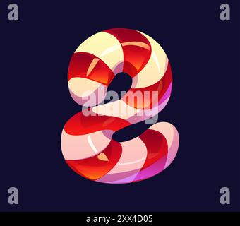 Dessin animé numéro deux fait de canne de bonbons rouge et blanc, alphabet de confiserie, police de bonbons, police Lollypop, type. Symbole de typographie numérique vectoriel isolé 2 comme friandise de Noël rayée festive Illustration de Vecteur