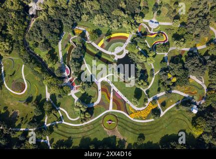 Harbin. 20 août 2024. Une photo de drone aérien prise le 20 août 2024 montre des personnes visitant un jardin botanique de Sun Island pittoresque site dans le parc national des zones humides de Taiyangdao (Sun Island) à Harbin, dans la province du Heilongjiang au nord-est de la Chine. Le parc national des zones humides de Taiyangdao à Harbin, dans la province du Heilongjiang, au nord-est de la Chine, couvre une superficie totale de plus de 10 000 hectares, dont plus de 70 % sont des zones humides. Avec son bel environnement écologique, le parc est devenu un bon endroit pour les citoyens et les touristes à visiter. Crédit : Wang Jianwei/Xinhua/Alamy Live News Banque D'Images