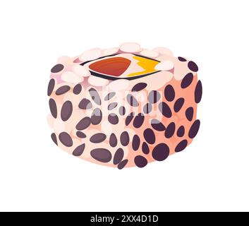 Le rouleau de sushi japonais uramaki de dessin animé présente une généreuse garniture de thon ou de saumon, enveloppé dans du riz et généreusement saupoudré de graines de sésame noir. Illustration de Vecteur