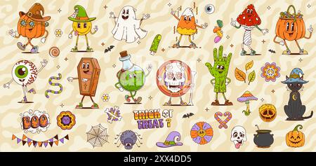 Personnages d'Halloween groovy de dessin animé rétro. Vecteur fantôme mignon, citrouille hippie, main de zombie trippy, chat de sorcière et champignon. Monstre crâne d'Halloween groovy psychédélique, friandise de truc ou de gâteau, fleur de marguerite Illustration de Vecteur