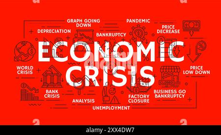 Perte d'argent et crise économique, crash du marché monétaire et ralentissement financier mondial, icônes de ligne vectorielle. Icônes de crise économique de la faillite, baisse des prix avec l'inflation monétaire et la croissance du chômage Illustration de Vecteur
