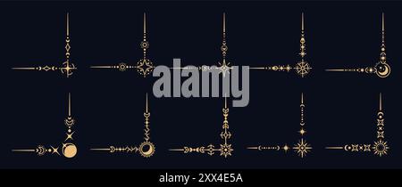 Coins de frontière célestes magiques. Ensemble vectoriel de cadres de style Boho, décoration d'espace élégante avec des embellissements stellaires uniques. Angles dorés décoratifs avec étoiles, lunes, soleils et motifs cosmiques Illustration de Vecteur