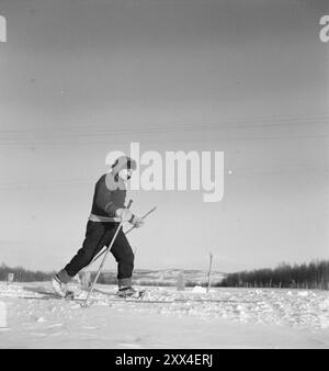 Réel 1949 : rien de nouveau de la frontière dans le nord. - En hiver, les skis sont un moyen très courant, parfois absolument nécessaire pour se déplacer. Henrik Vesmajärvi, 72 ans, originaire de Skrotnes à Pasvik, ne skie pas sur les plaines pour s'amuser, mais il rentre chez lui. Et c'est dans ses skis. Ils sont plus longs que les gens dans le sud sont habitués à, et les bas conseils vous permettent de savoir qu'ils sont utilisés avec diligence. Photo : Sverre A. Børretzen / Aktuell / NTB ***la photo n'est pas traitée*** le texte de cette image est traduit automatiquement Banque D'Images