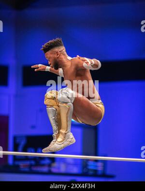 Cardiff, Royaume-Uni. 21 août 20214 AEW Dynamite (21 août 2024) émane de Utilita Arena à Cardiff, pays de Galles. L'émission met en vedette Bryan Danielson montrant son esprit combatif, Britt Baker servant à rembourser Kamille dans un contrat signé avec Mercedes Moné, Chris Jericho battant Tommy Billington. Toni Storm a battu Saraya pour conserver le titre et plus sur le Go-home à All In. All Elite Wrestling à l'Utilia Arena, Cardiff, pays de Galles. Banque D'Images