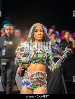 Cardiff, Royaume-Uni. 21 août 20214 AEW Dynamite (21 août 2024) émane de Utilita Arena à Cardiff, pays de Galles. L'émission met en vedette Bryan Danielson montrant son esprit combatif, Britt Baker servant à rembourser Kamille dans un contrat signé avec Mercedes Moné, Chris Jericho battant Tommy Billington. Toni Storm a battu Saraya pour conserver le titre et plus sur le Go-home à All In. All Elite Wrestling à l'Utilia Arena, Cardiff, pays de Galles. Banque D'Images