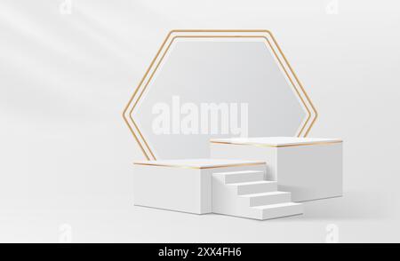 Podium blanc ou escalier de scène de produit avec cadre doré, affichage de vitrine vectorielle. Scène de podium de luxe premium avec escaliers aux niveaux de plate-forme avec lunette brillante en métal doré brillant ou cadre en arc hexagonal Illustration de Vecteur