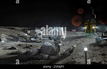 Les astronautes d’ARTEMIS III travaillant sur la Lune, impression d’artiste de l’atterrissage prévu de la surface de l’équipage sur la surface lunaire prévu à partir de septembre 2026. Banque D'Images